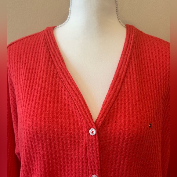 Tommy Hilfiger Red Waffle Knit Button Front Cardigan Sweater Size Medium - Picture 5 of 8